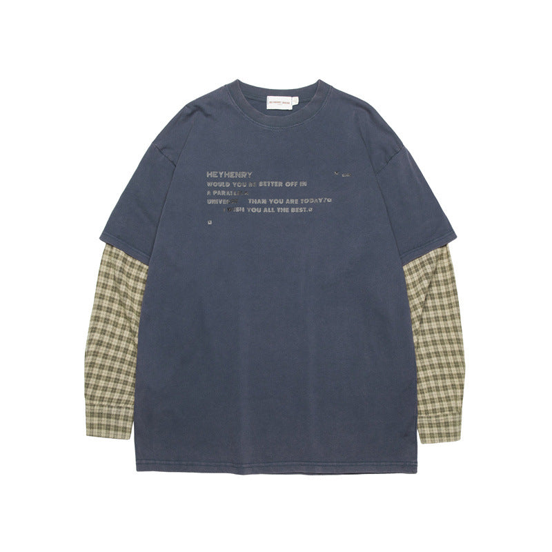 Miroden T-Shirt Fake Two-Piece Letter Print Long-Sleeve Contrast Color Top