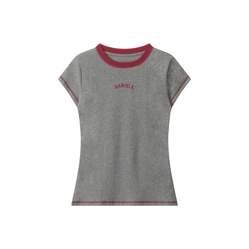 Miroden T-Shirt Letter Embroidered Round Neck Short-Sleeve Casual Top