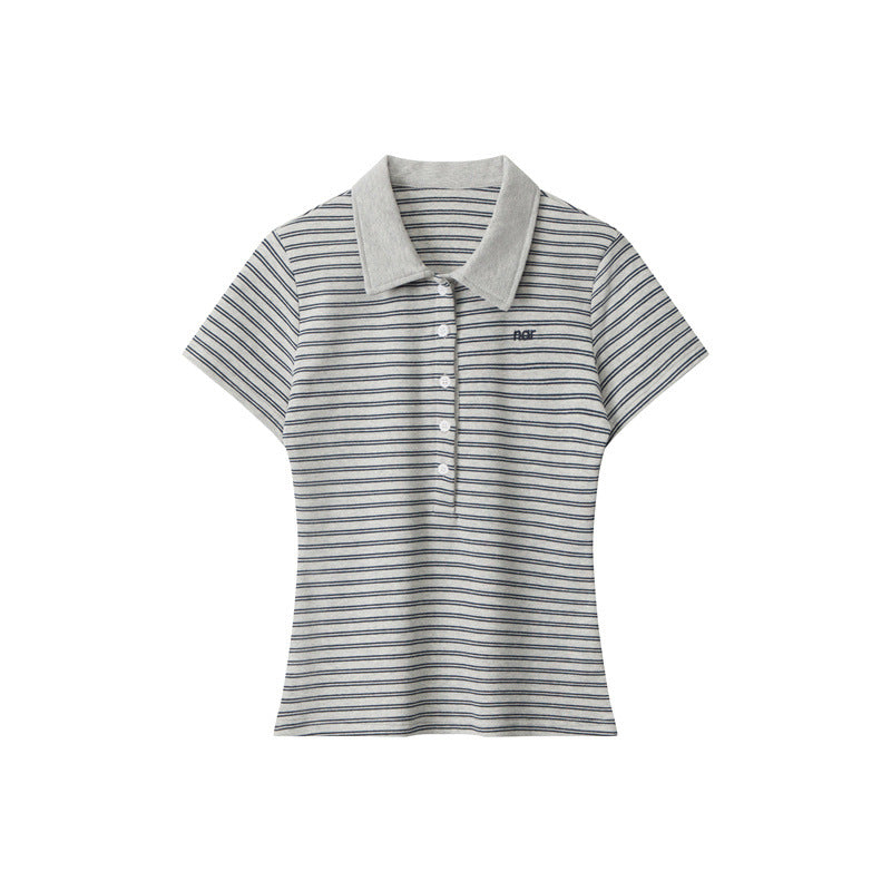 Miroden T-Shirt Polo Collar Striped Contrast Color Short-Sleeve Casual Top