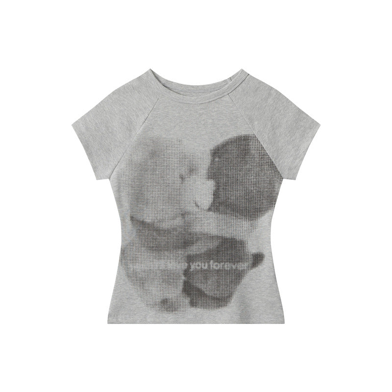 Miroden T-Shirt Bear Print Slim Fit Short-Sleeve Round Neck Sexy Top