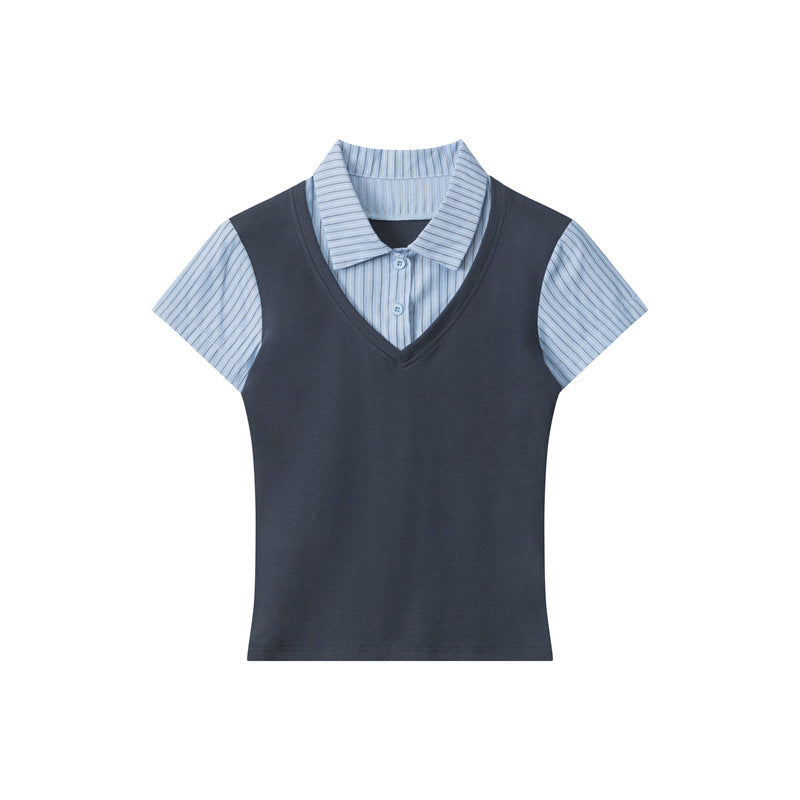 Miroden Top Vertical Stripe Stitching Fake Two-Piece Short-Sleeve Academy Style