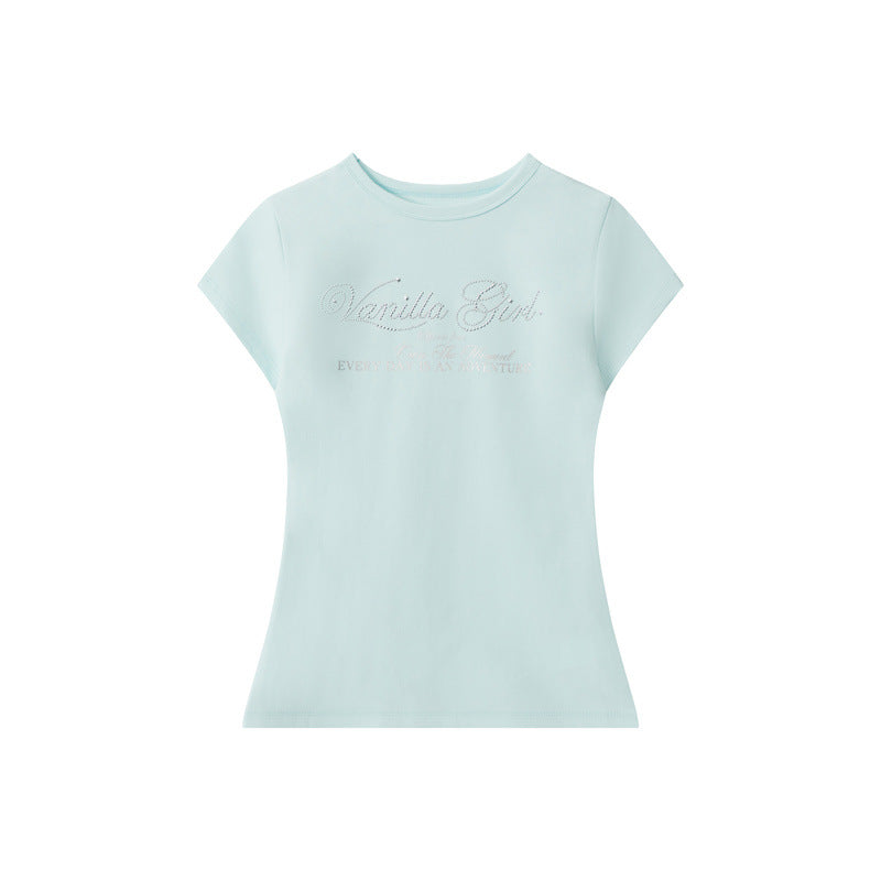 Miroden T-Shirt Letter Silver Print Slim-Fit Short-Sleeve All-Match Top