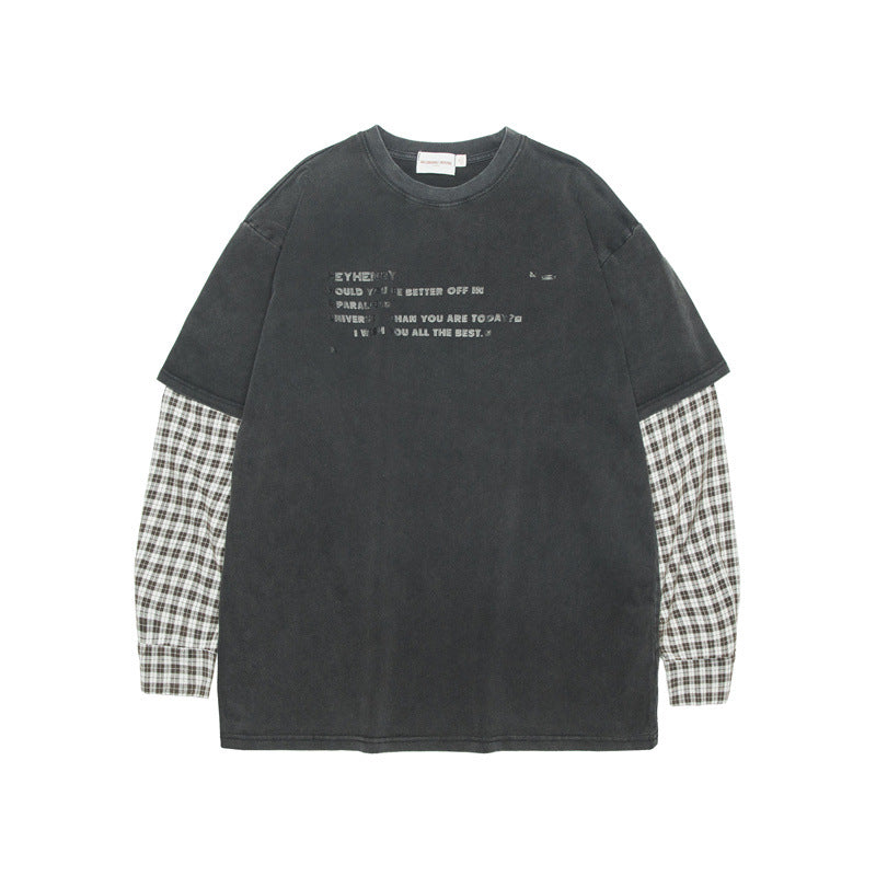 Miroden T-Shirt Fake Two-Piece Letter Print Long-Sleeve Contrast Color Top