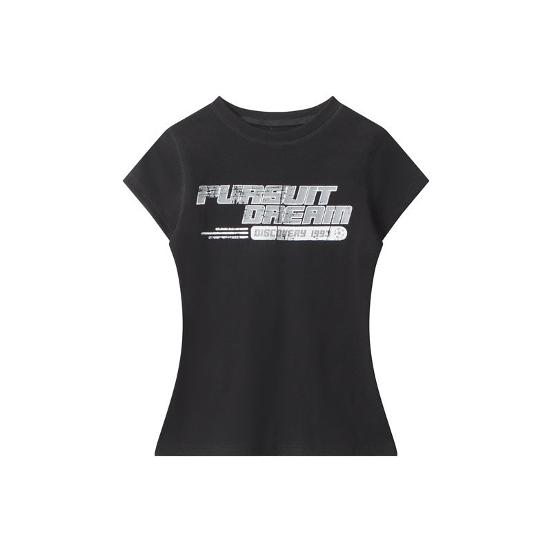 Miroden T-Shirt Letter Print Round Neck Slim-Fit Short-Sleeve Casual Top